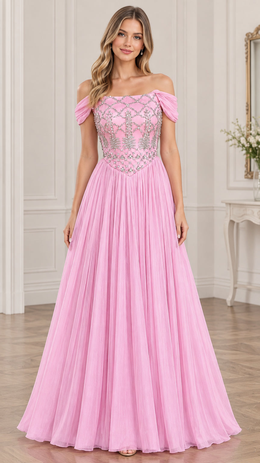 Front view of model wearing pink off-the-shoulder beaded tulle evening gown