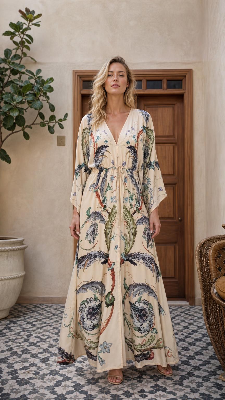 Model wearing cream boho floral maxi dress front view
