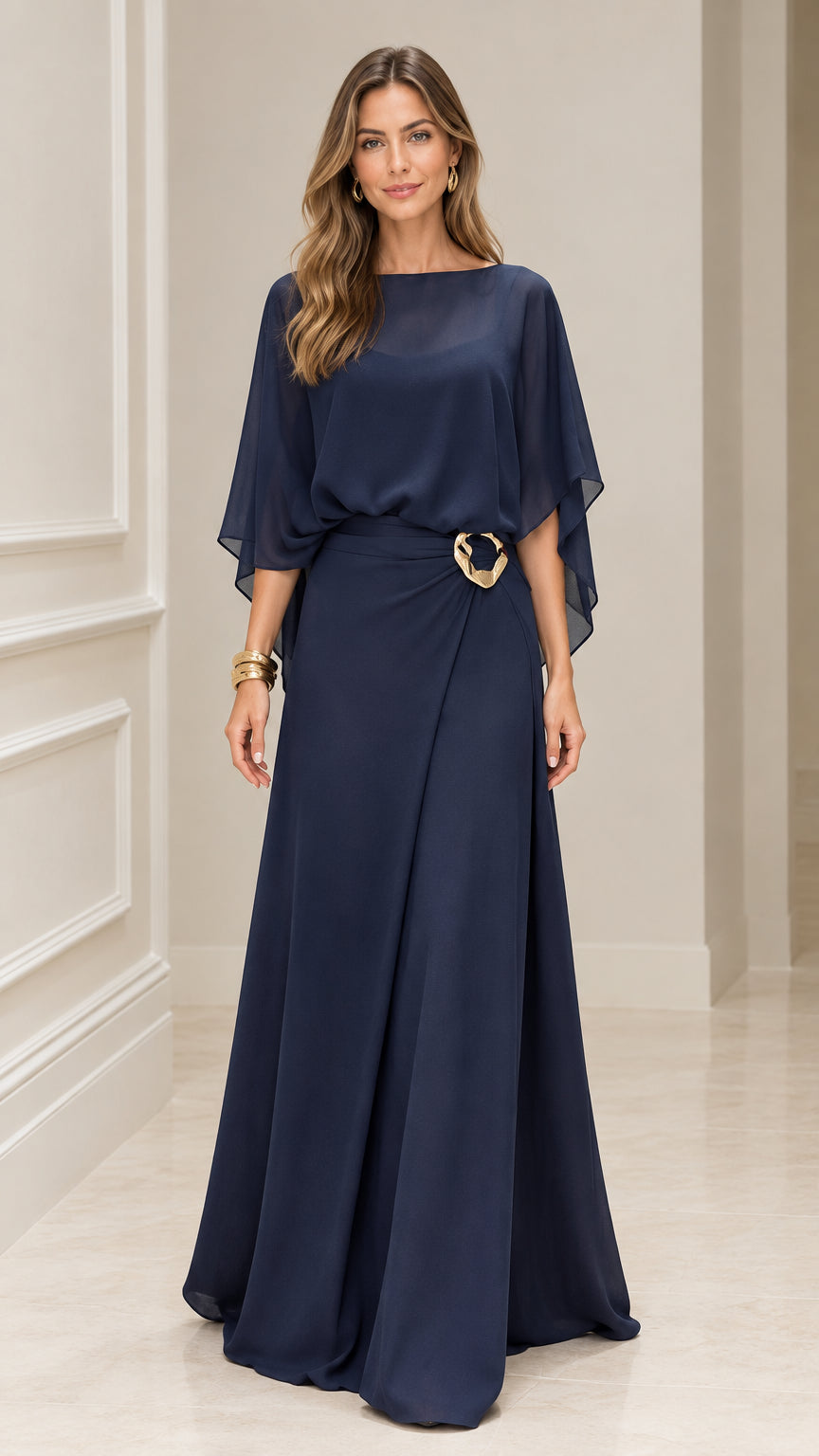 Front full view of Navy Blue cape sleeve maxi dress with gold waist buckle