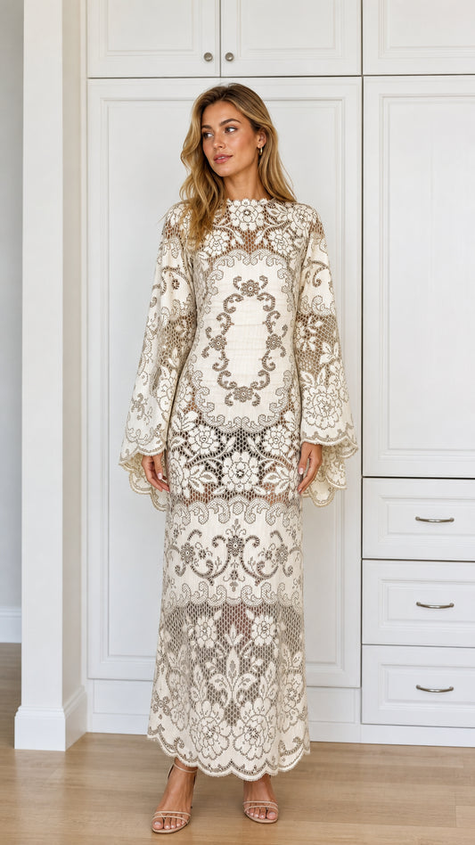 Front view of Cream long sleeve lace maxi dress