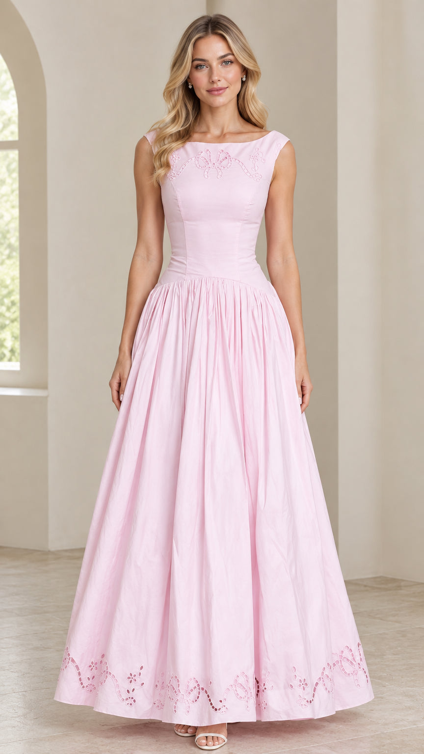 Front view of model wearing Light Pink sleeveless embroidered maxi dress