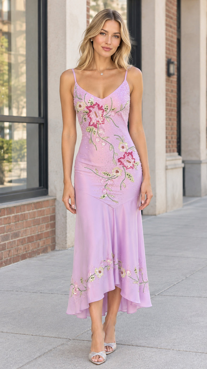 Front full-length view of woman in lavender floral sequin embroidered midi dress with high-low hem