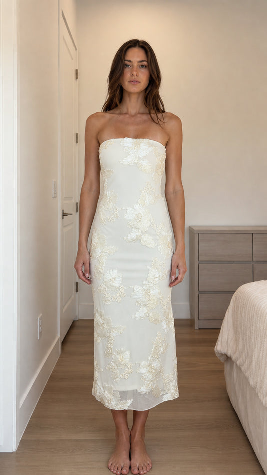 Front view of ivory strapless floral applique midi dress