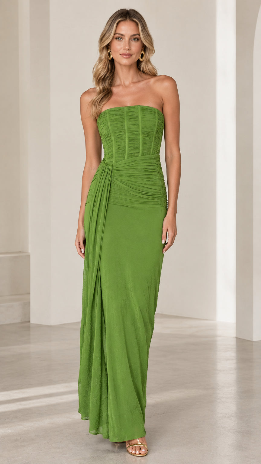 Front view of model wearing olive green strapless corset ruched maxi dress