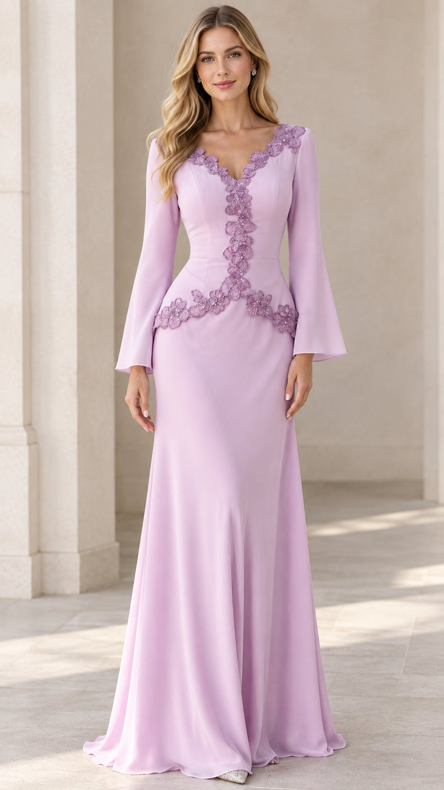 Front view of lavender floor-length evening gown with lace appliqué and bell sleeves