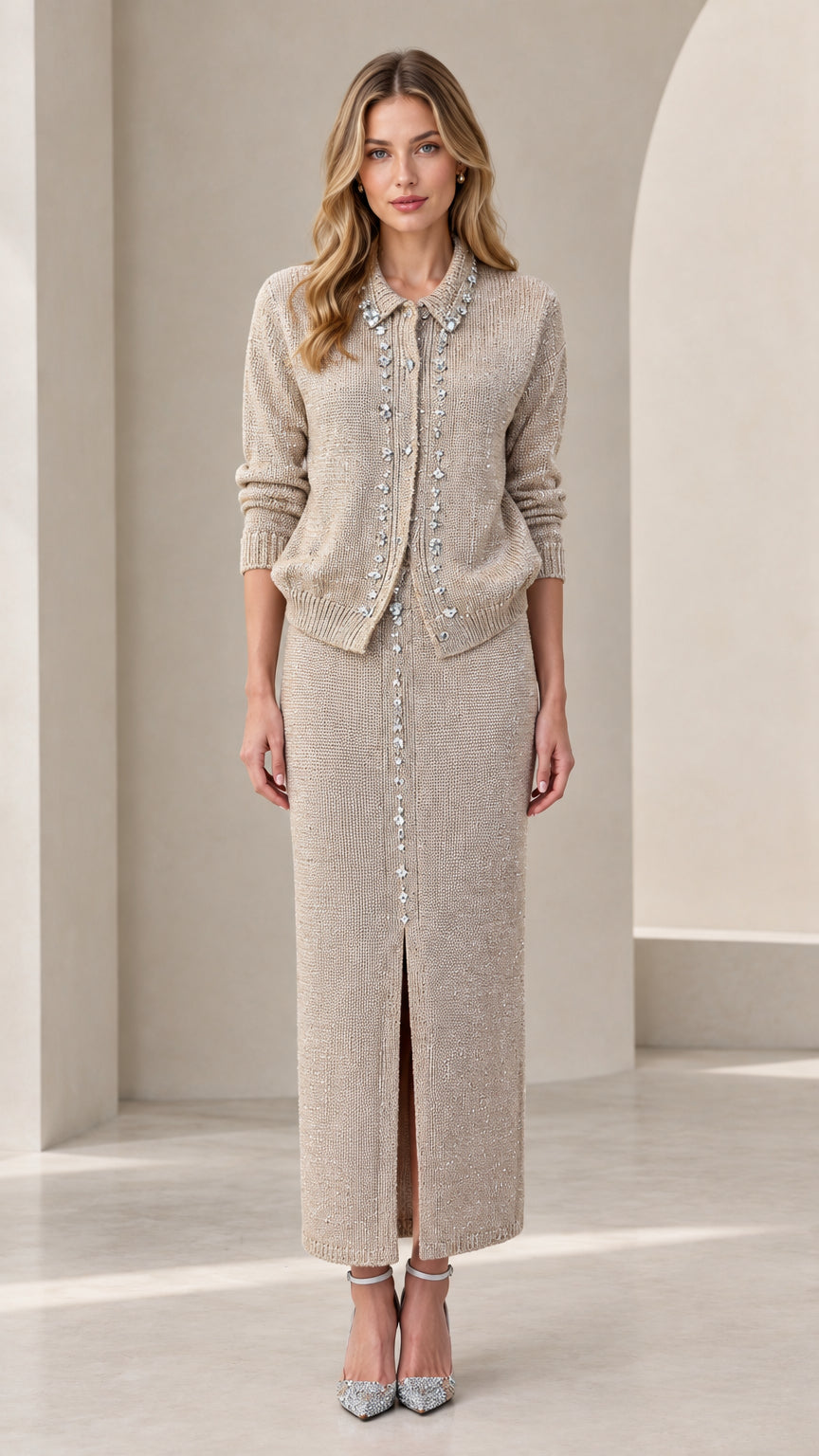 Beige rhinestone embellished knit cardigan and maxi skirt two-piece set front view