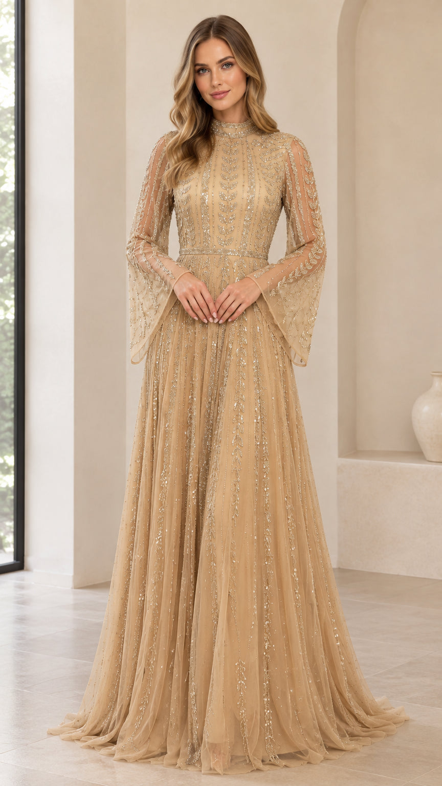 Front view of model wearing champagne high neck sequin evening gown with bell sleeves