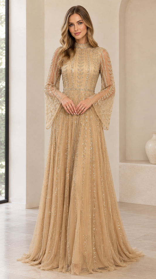 Front view of model wearing champagne high neck sequin evening gown with bell sleeves