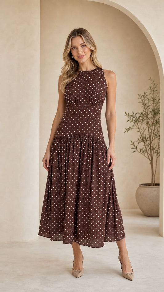Front view of model wearing brown polka dot midi dress