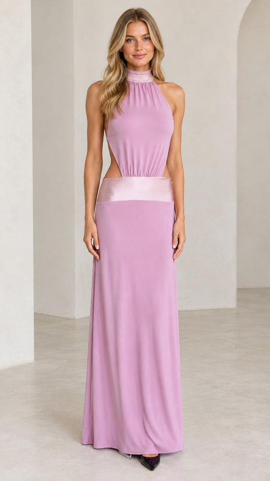 Lilac high neck halter cutout maxi dress front view