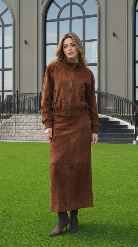 Front full view of woman wearing Cognac Brown faux suede bomber jacket and maxi skirt set
