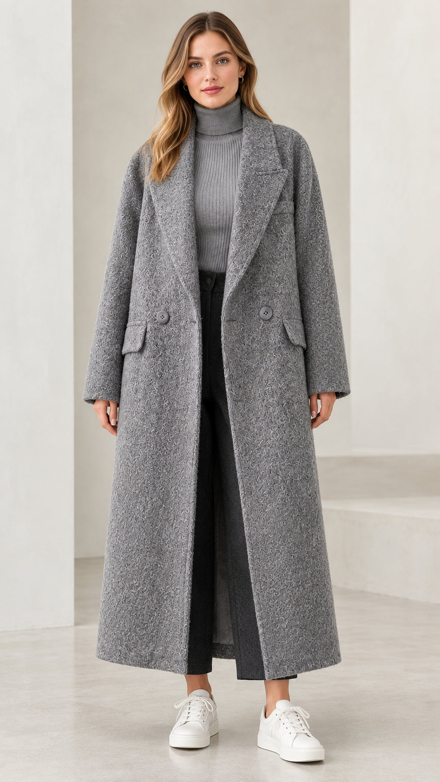 Front view of woman wearing grey longline bouclé coat styled with turtleneck and trousers