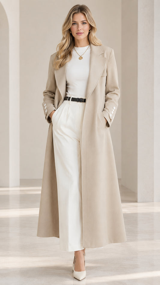 Front view of model wearing a beige tailored maxi trench coat styled with white top and wide-leg trousers