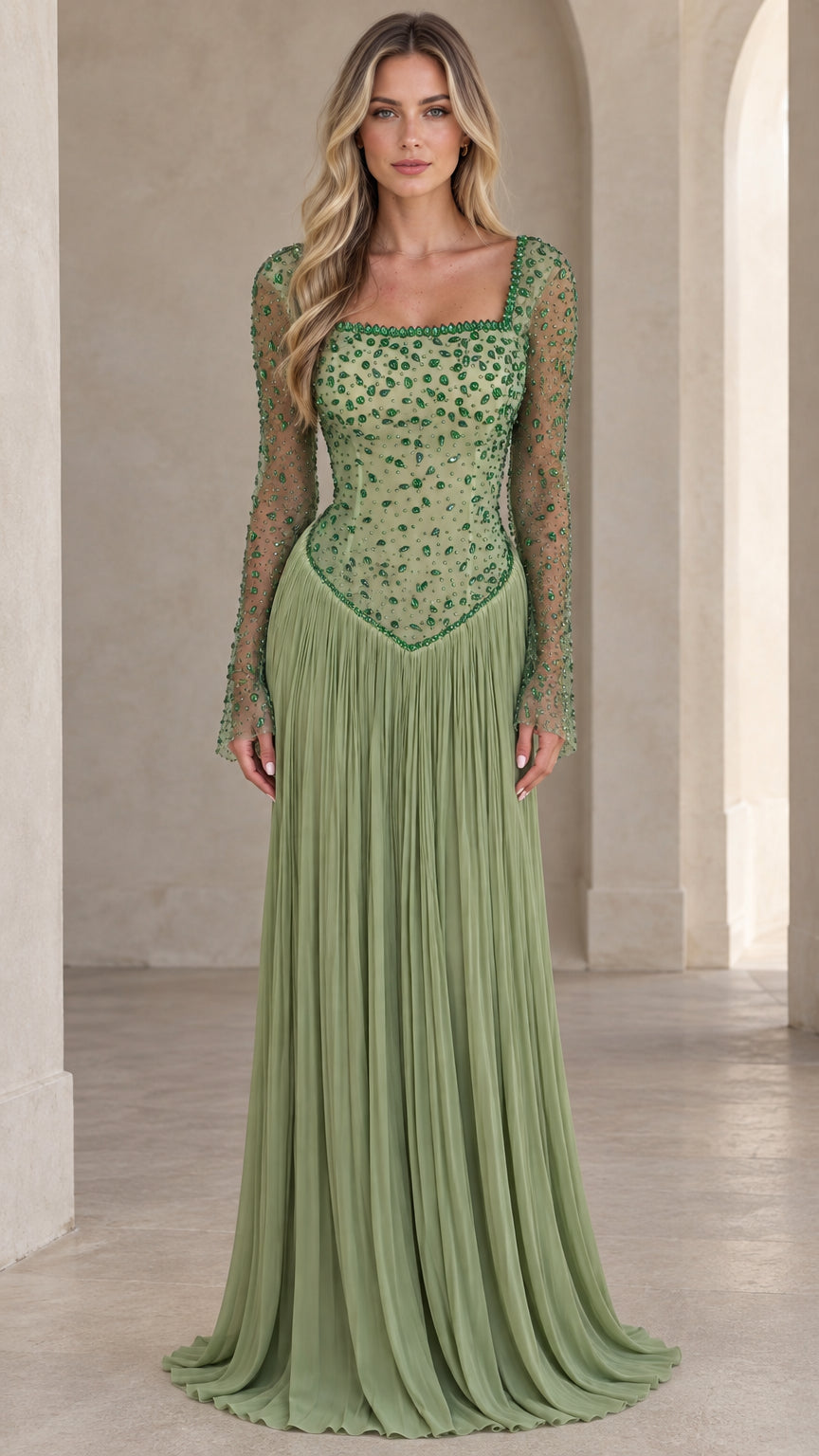 Front view of Sage Green beaded long-sleeve evening gown with pleated skirt