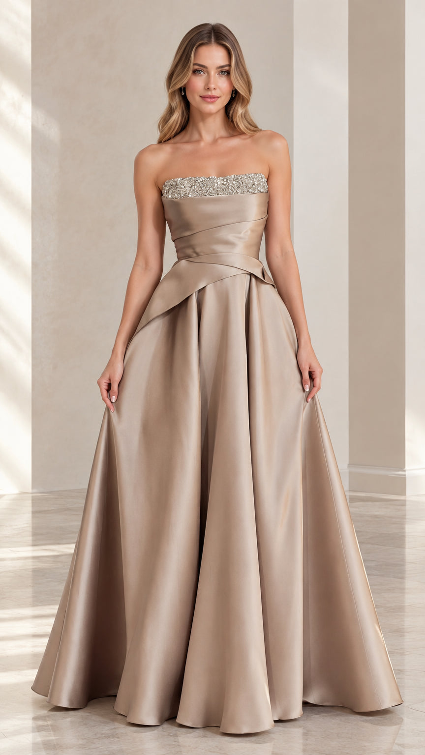 Champagne strapless satin evening gown with beaded neckline front view