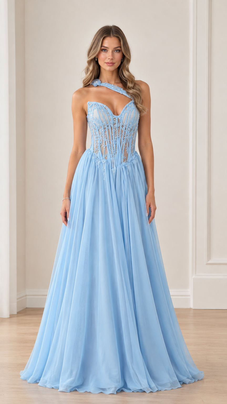 Model wearing Sky Blue asymmetrical one-shoulder beaded corset evening gown front view