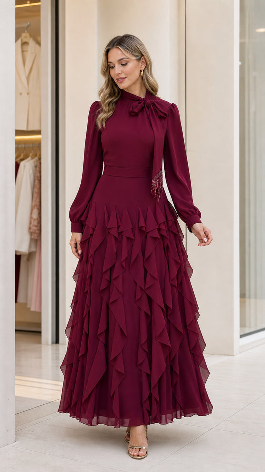 Front view of burgundy long sleeve ruffled maxi dress