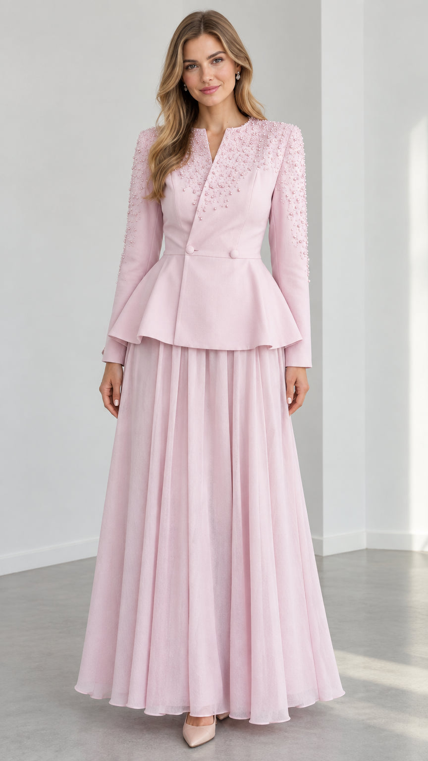 Blush Pink beaded peplum formal top with matching pleated maxi skirt front view