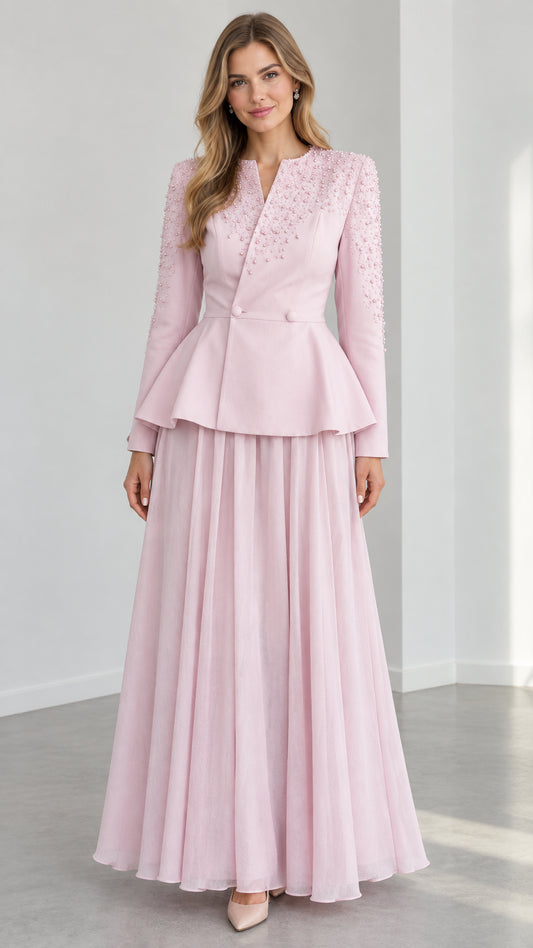 Blush Pink beaded peplum formal top with matching pleated maxi skirt front view