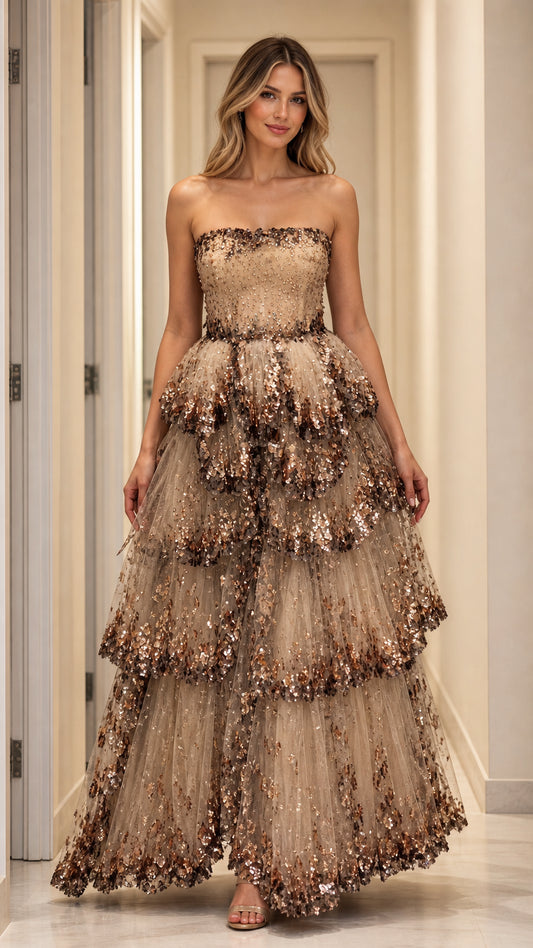 Front view of model wearing champagne strapless tiered sequin evening gown