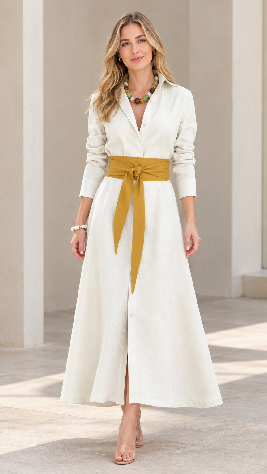 Front view of model wearing cream long sleeve maxi shirt dress with yellow sash belt
