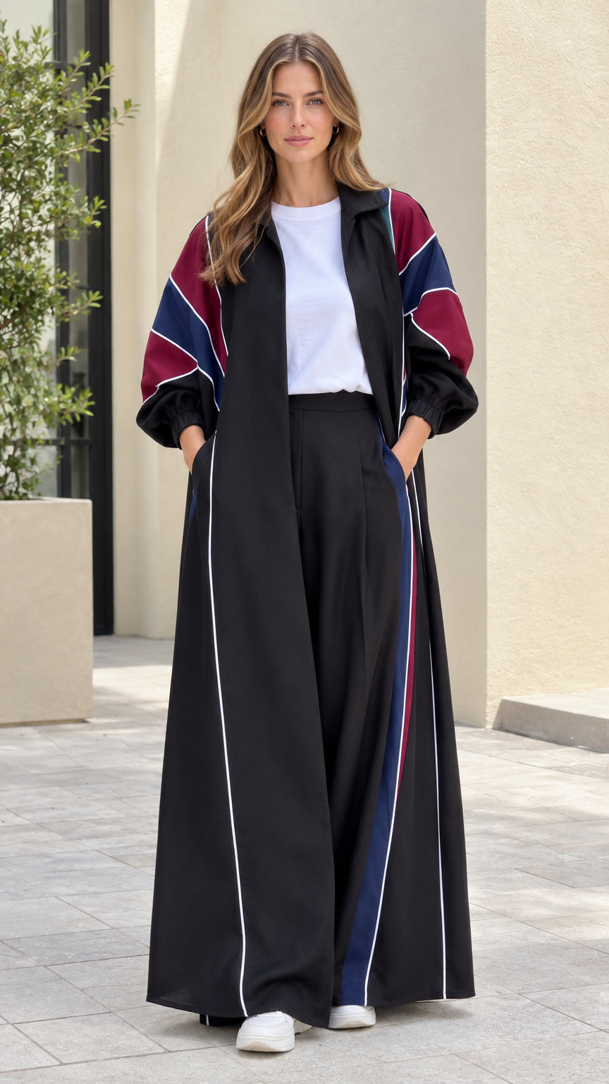 Full front view of model wearing black colorblock duster coat and matching wide-leg pants set
