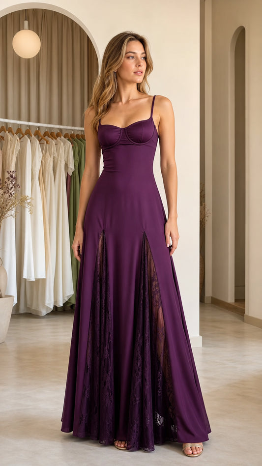 Front view of purple elegance lace insert cami maxi dress