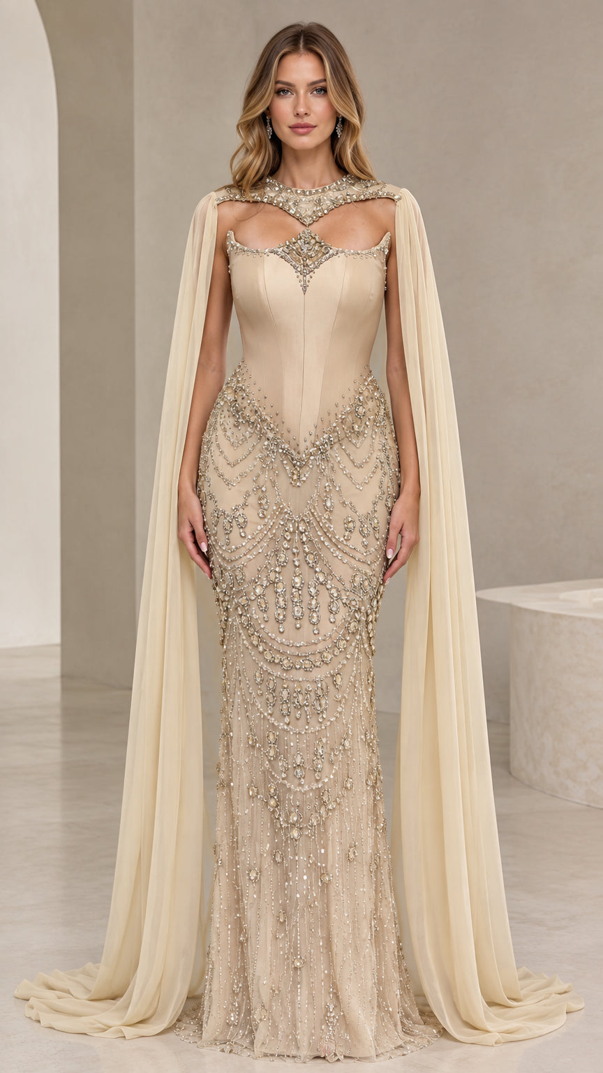Champagne embellished corset evening gown with dramatic chiffon cape sleeves front view