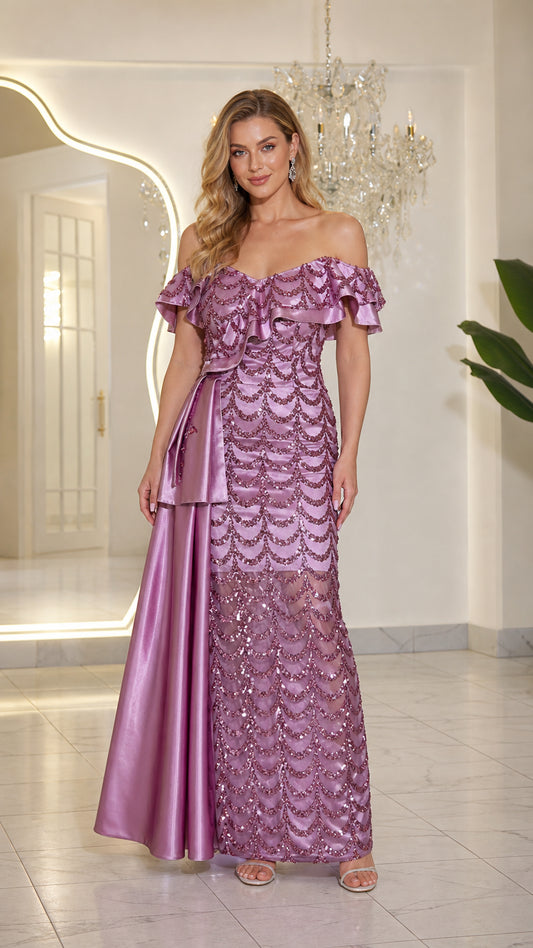 Front view of mauve off-the-shoulder sequin evening gown