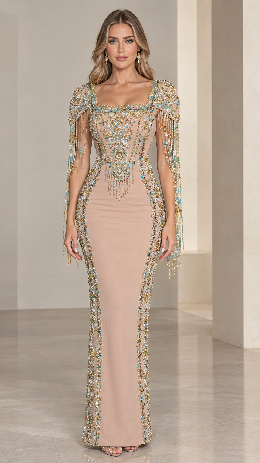 Front view of model wearing Nude square neck embellished evening gown with beaded fringe sleeves