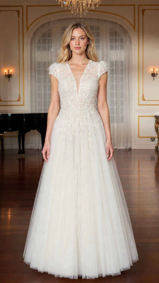 Front view of ivory beaded V-neck tulle evening gown