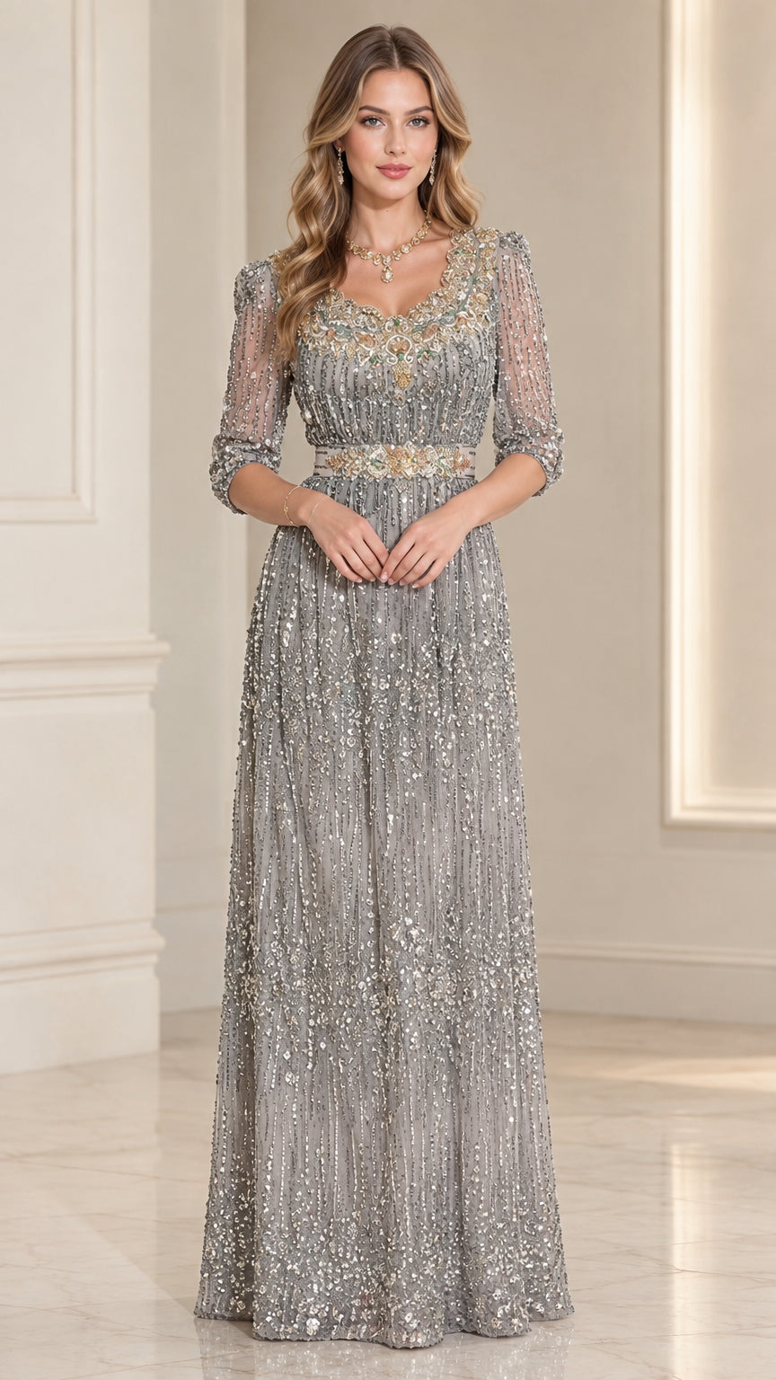 Front full view of silver beaded 3/4 sleeve evening gown with embellished neckline and waist