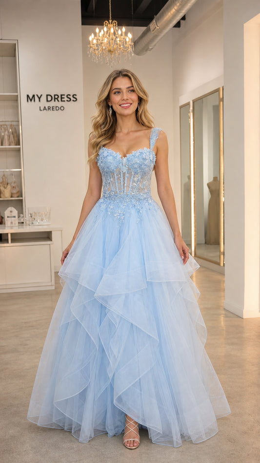Front view of light blue tulle ball gown