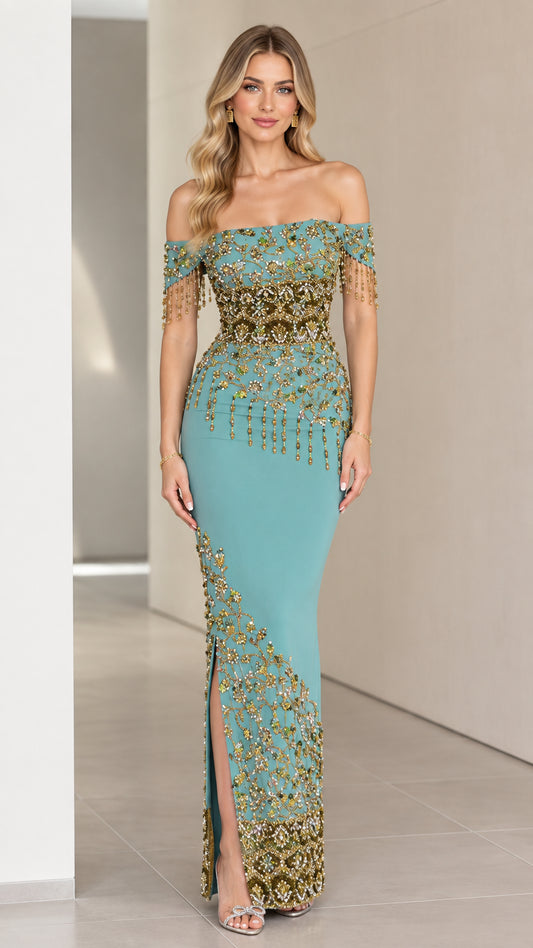 Front view of teal off-the-shoulder beaded fringe evening maxi gown with side slit