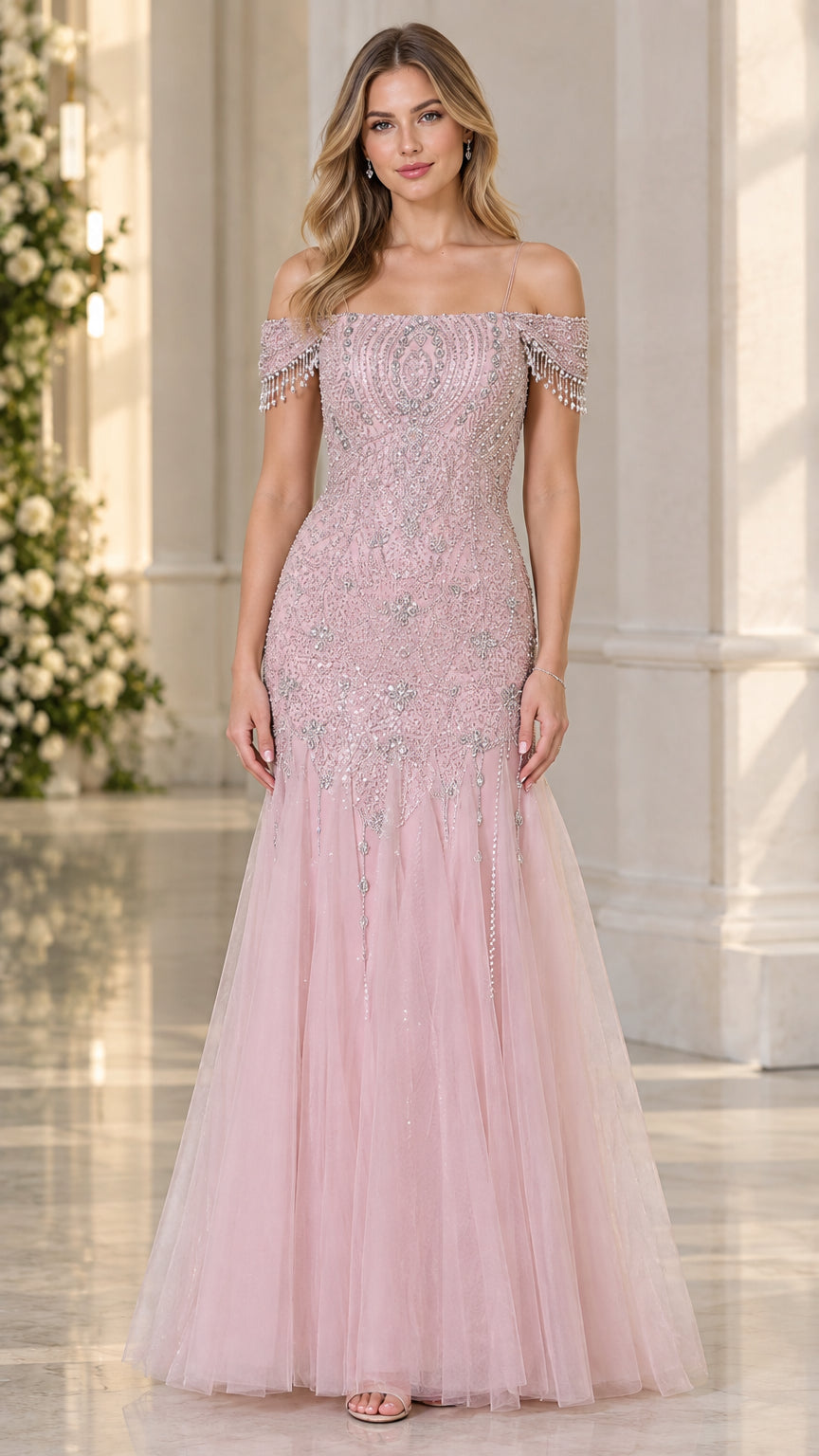Dusty rose off-the-shoulder beaded mermaid evening gown front view