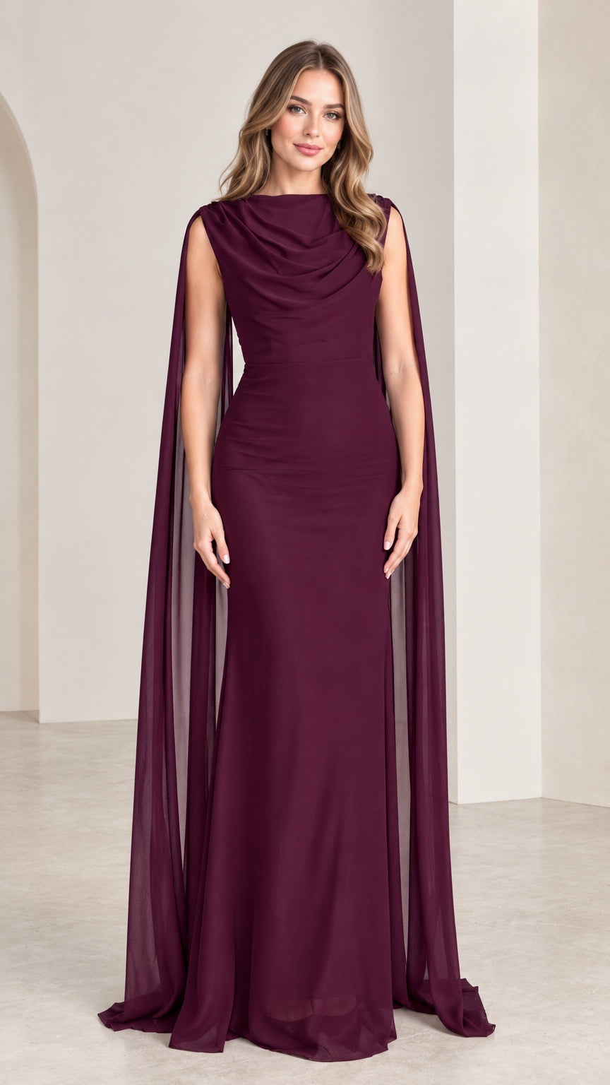 Front full-length view of model wearing burgundy cowl neck cape evening gown