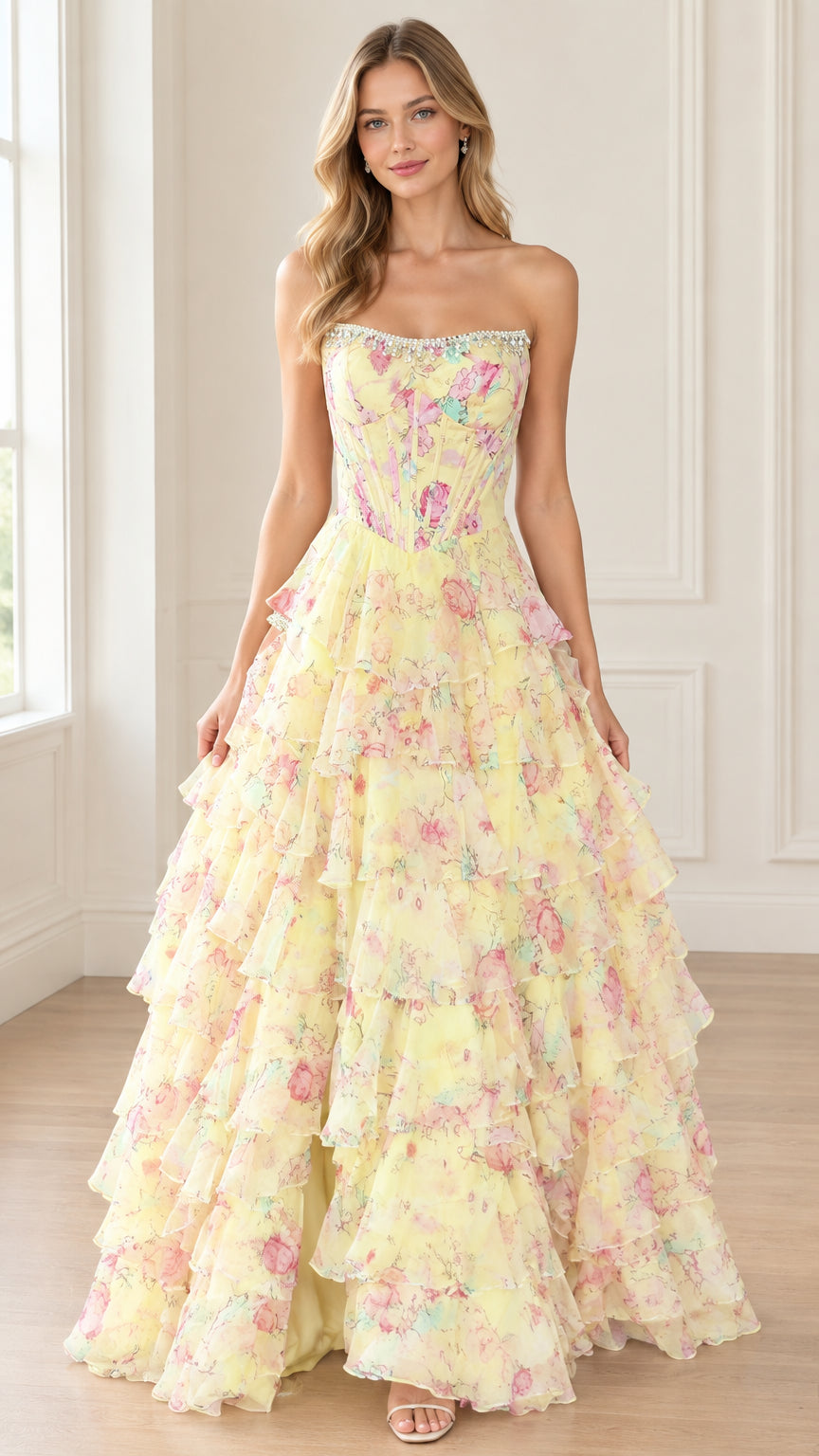 Full front view of model in yellow floral strapless tiered ruffle ball gown
