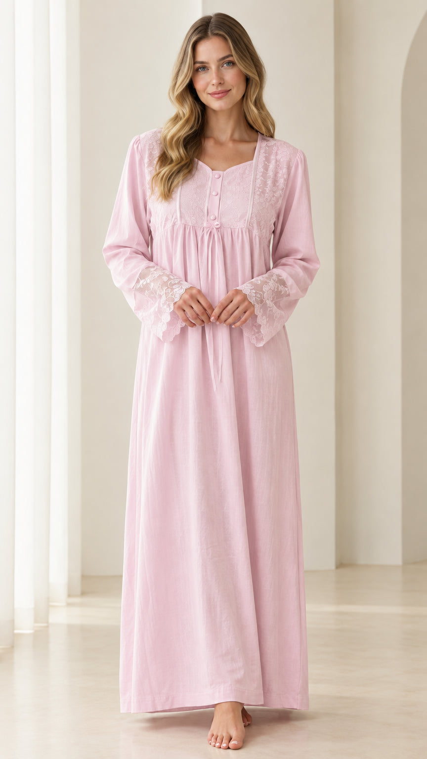 Model wearing long light pink Victorian lace maxi nightgown front view