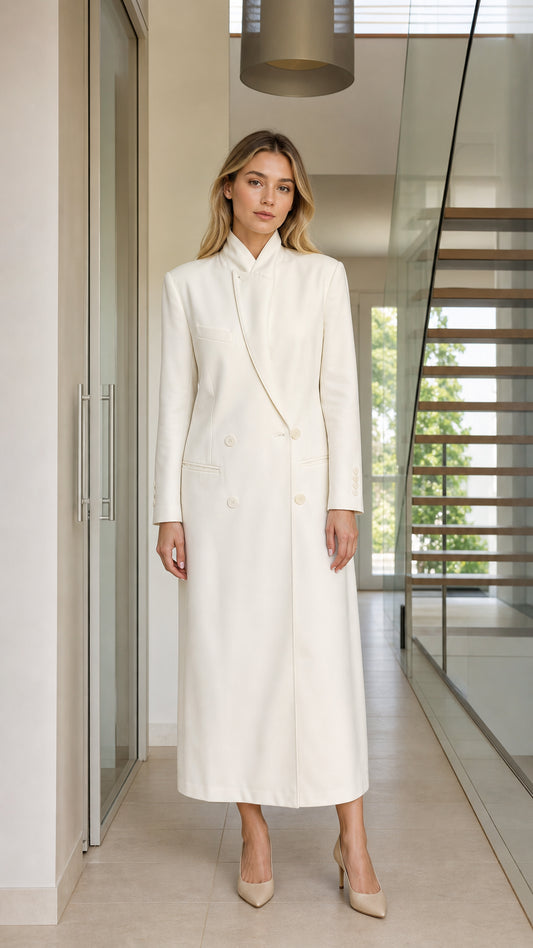 Front view of woman wearing ivory stand collar double-breasted maxi coat dress with pointed nude heels