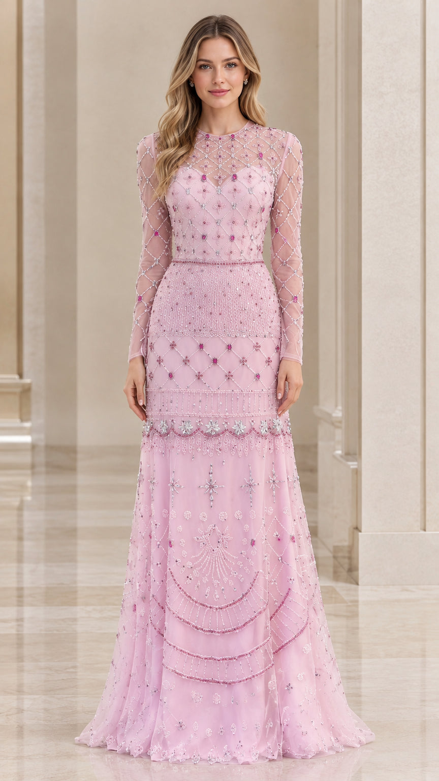 Front full-length view of woman in blush pink beaded long-sleeve formal evening gown