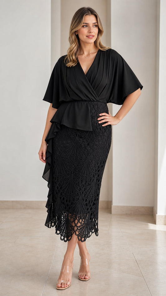 Front full-length view of woman wearing black wrap capelet lace midi dress