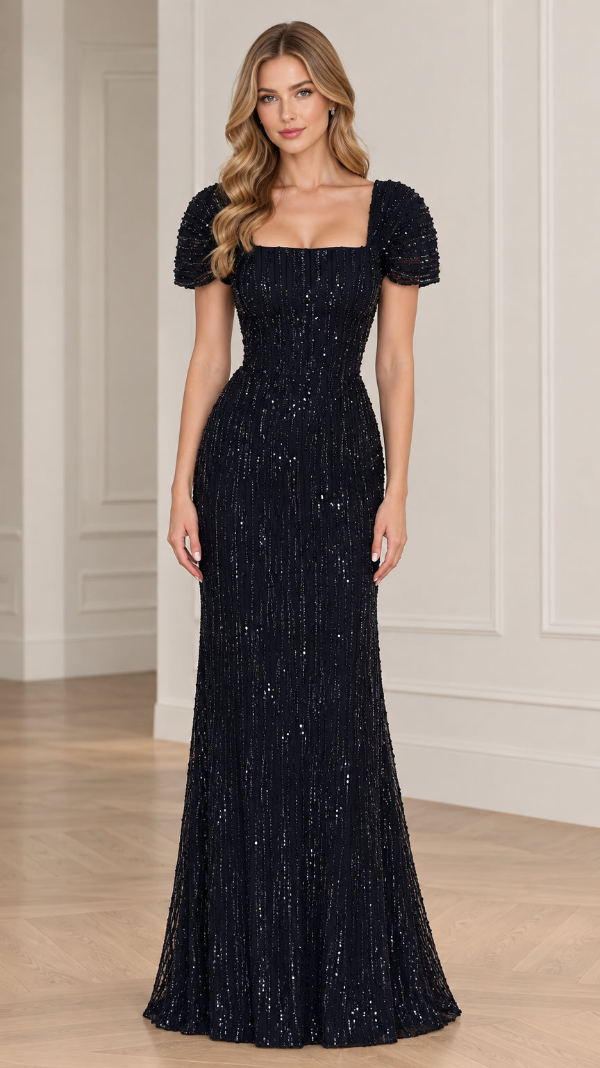 Full front view of black sequin square neck puff sleeve formal maxi gown