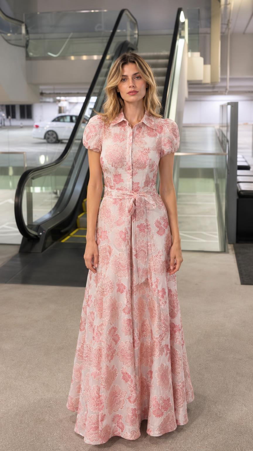 Front view of woman wearing pink floral jacquard maxi shirt dress