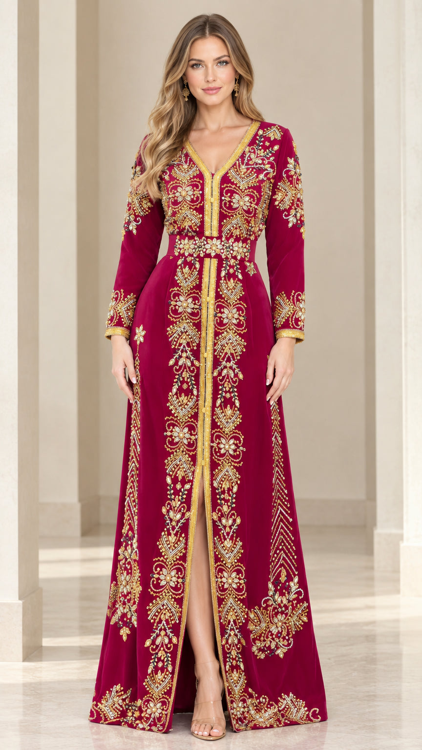 Burgundy long-sleeve velvet kaftan dress with gold embroidery front view