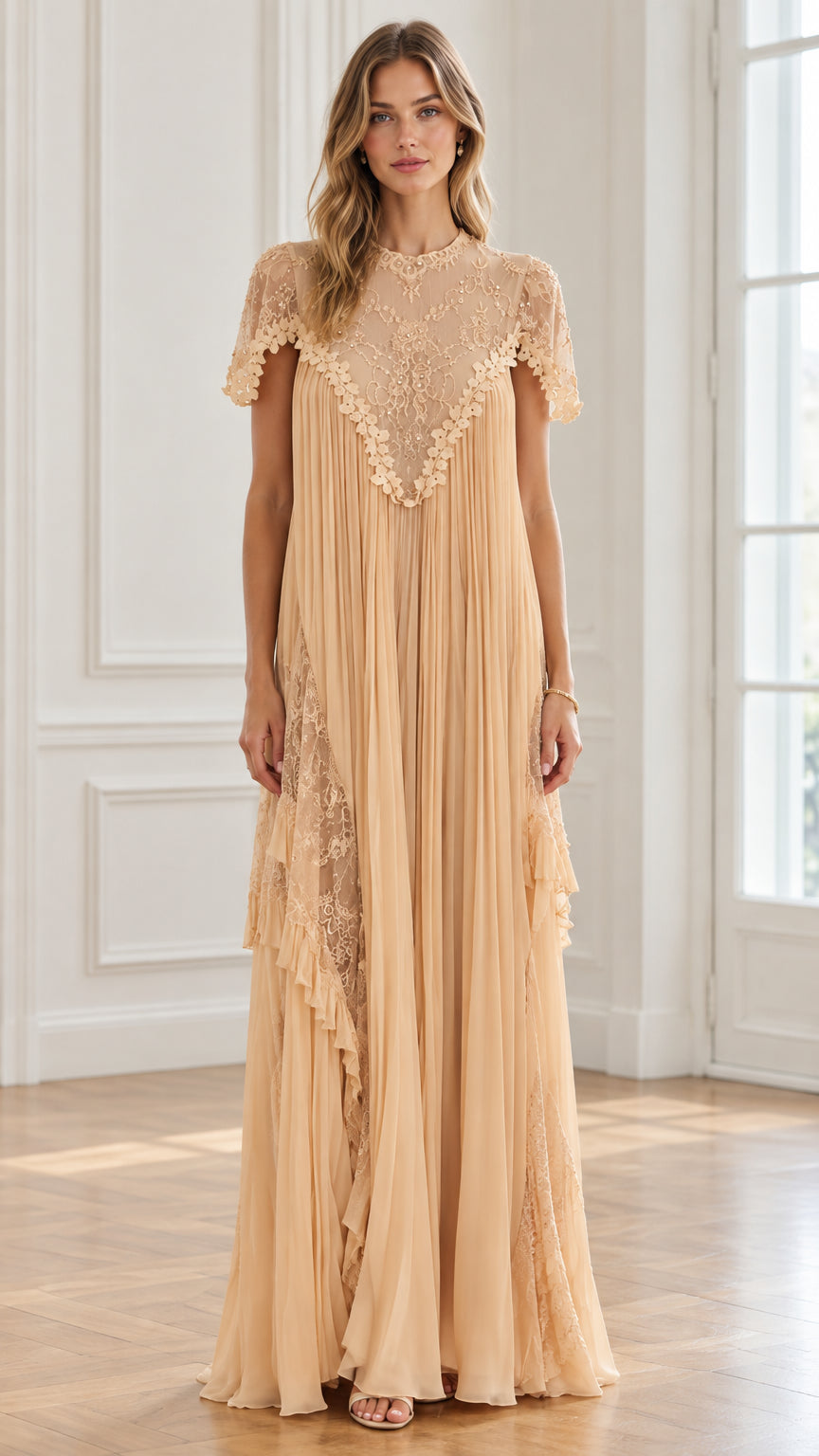 Champagne embroidered lace yoke pleated maxi dress front view