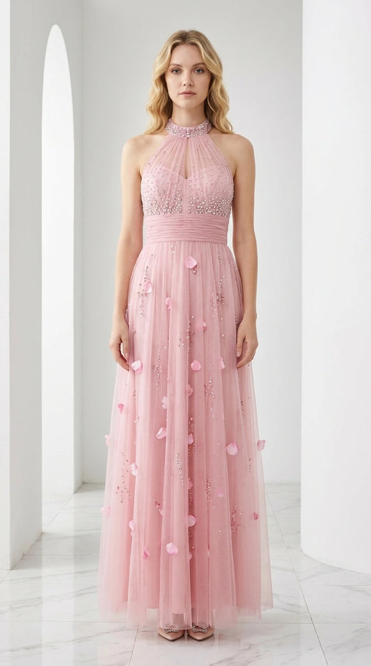 Pink embellished halter neck tulle evening dress front view