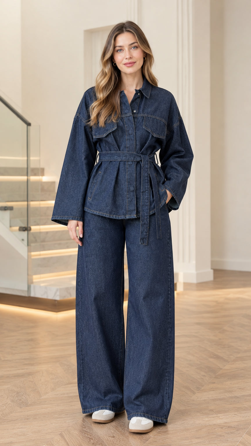 Full front view of model wearing dark blue denim belted jacket and wide-leg pant set