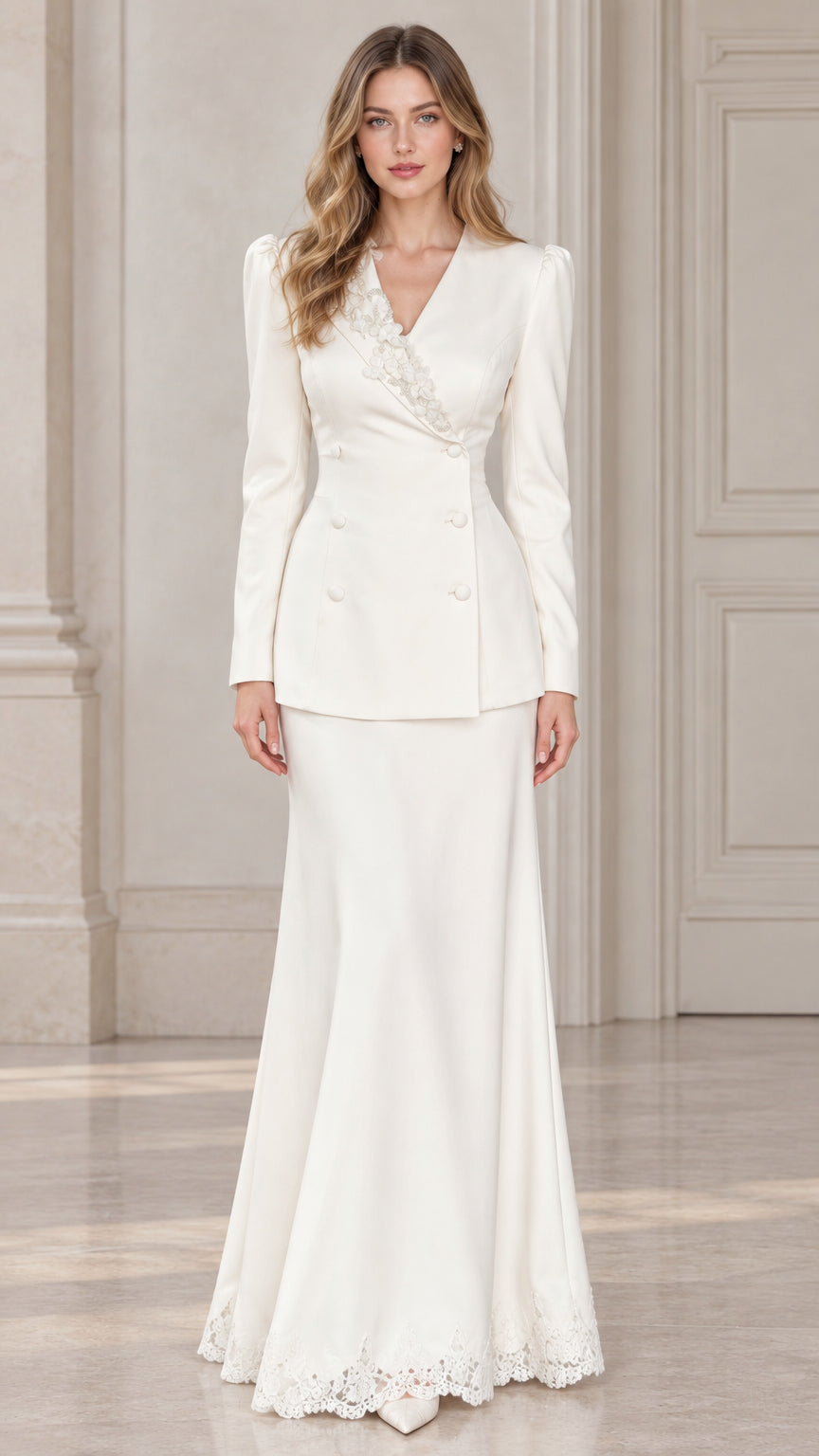 Front view of model wearing ivory formal blazer and lace hem mermaid skirt set