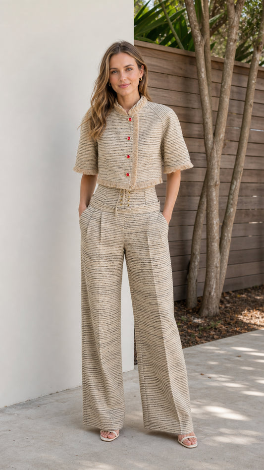 Front view of model wearing beige tweed crop jacket and wide-leg pants set