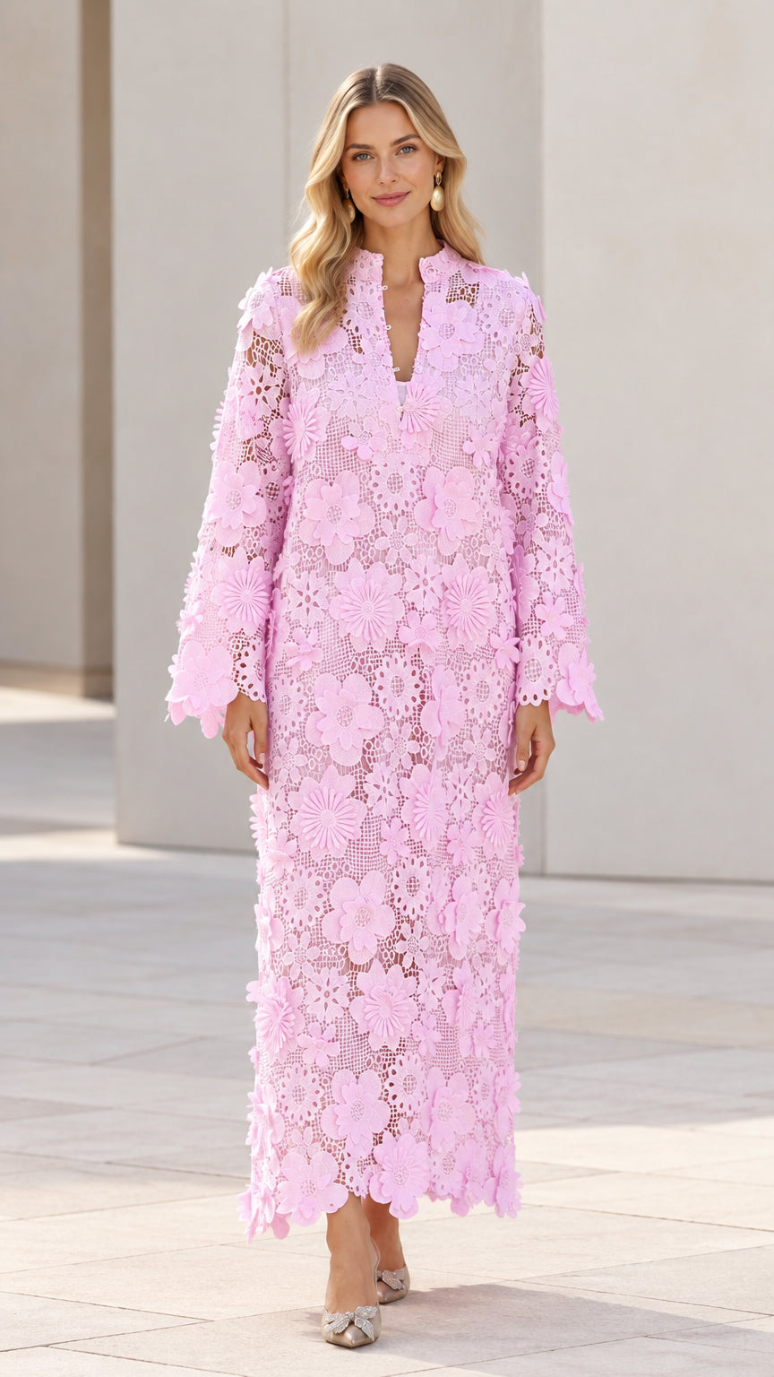 Front full-length view of woman wearing Light Pink floral lace long sleeve maxi dress